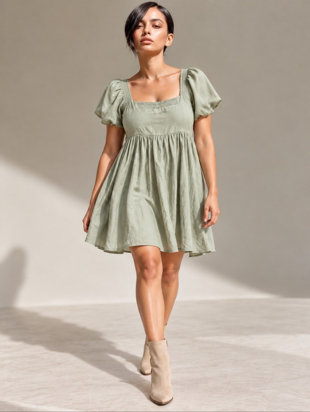 Twik by Simons Sage Green Linen Viscose Blend Mini Dress XL |Smocked Puff Sleeve